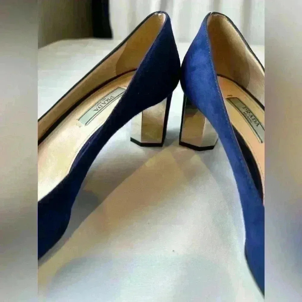 PRADA Calzature Donna Blue Suede Hexagon Heel Pumps, Size 38 - Picture 9 of 13